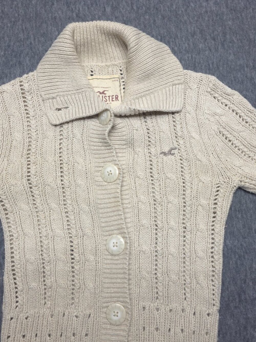 Hollister Womens S Cable Knit Cardigan Sweater Cream Cotton Button Front